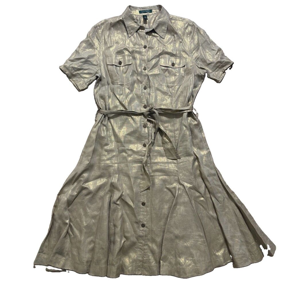 Lauren Ralph Lauren Shirt Dress Sz 16 Gold Metallic 100% Linen Button READ